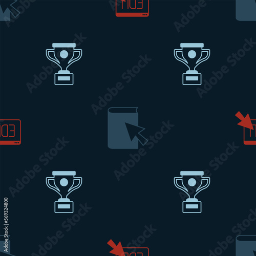 Set Online education, book and Award cup on seamless pattern. Vector