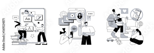 Children media access abstract concept vector illustration set. Kids digital content, parental control software, low tech parenting, screen time, gadget-free parenting, online apps abstract metaphor.