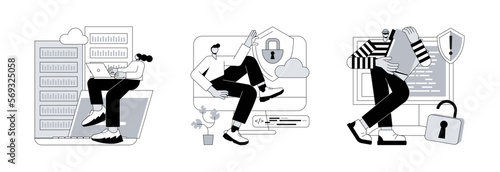 Internet privacy abstract concept vector illustration set. Data center, data privacy and leakage, computer system, remote storage, database networking, security software, hacker abstract metaphor.