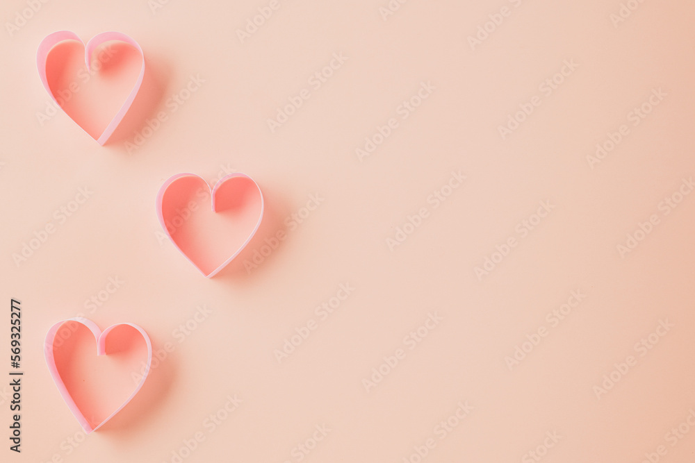 Happy Valentines Day. Flat lay pink ribbon heart shaped decorative on pastel pink background, love holiday concept, banner design, Festive background with copy space, Mother, Woman day