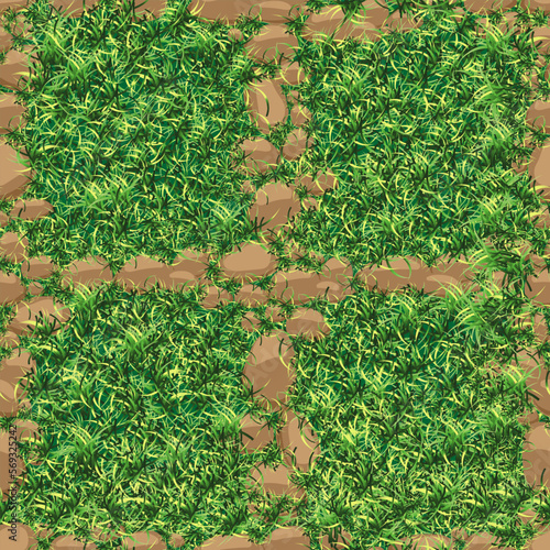 Grass Texture with Rock Stones Seamless,Nature green lawn field Seamless pattern of pavement with green lawn and bricks.Vector top view pathway texture.Outdoor slab sidewalk.Block floor footpath patio
