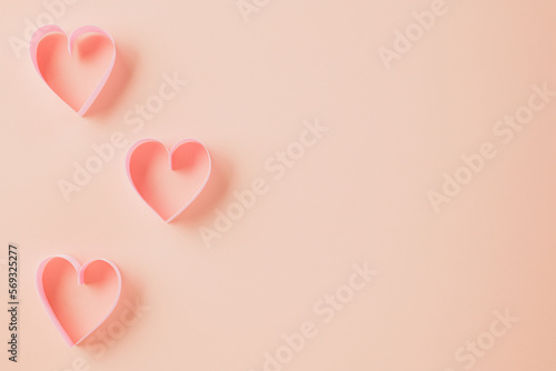 Happy Valentines Day. Flat lay pink ribbon heart shaped decorative on pastel pink background, love holiday concept, banner design, Festive background with copy space, Mother, Woman day