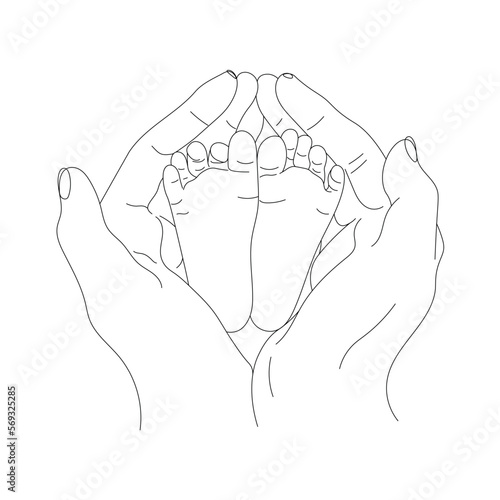 cute baby feet in mother's hands, mother's love parent's care for child, newborn baby's feet in heart shaped palms