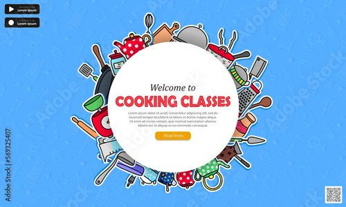 Template of web banner with blue seamless pattern, cartoon kitchenware, qr code, buttons and text - Welcome to cooking classes. Wallpaper with culinary courses advertising for website or mobile app