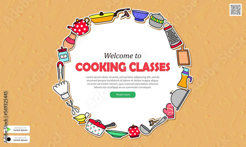 Template of web banner with beige seamless pattern, cartoon kitchenware, qr code, buttons and text - Welcome to cooking classes. Wallpaper with culinary courses advertising for website or mobile app