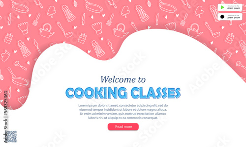 Cute banner with pink hand drawn kitchen pattern, qr code, buttons and invitation to cooking classes. Layout of web page with culinary course advertising for mobile app or website. Masterclass concept