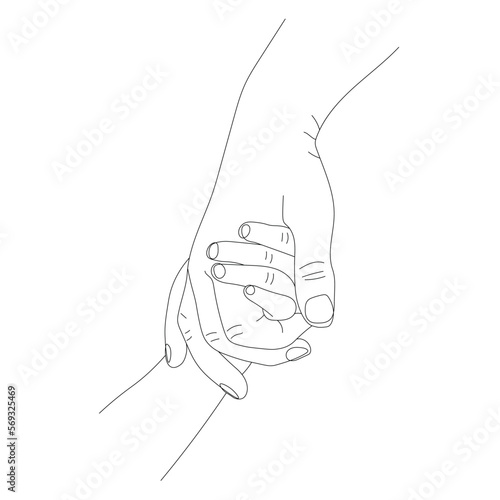 Contour of Mother and Child's Hands in Line Art Style, The Concept of Material Protection and Parental Care isolated on A White Background, Mother Holds a Baby Hand, Tenderness of Mother's Love