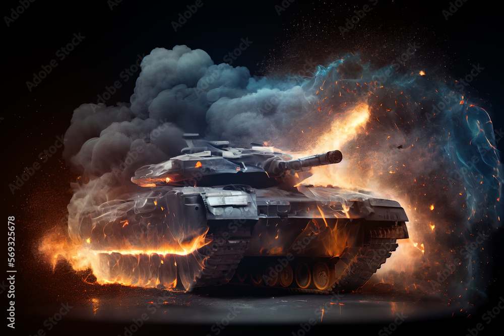 Burning Battle tank made of fire, smoke and sparks on black background.
Digitally generated AI image