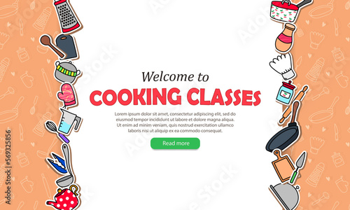 Template of web banner with beige seamless pattern, cartoon kitchenware, green button and text - Welcome to cooking classes. Wallpaper with culinary courses advertising for website or mobile app