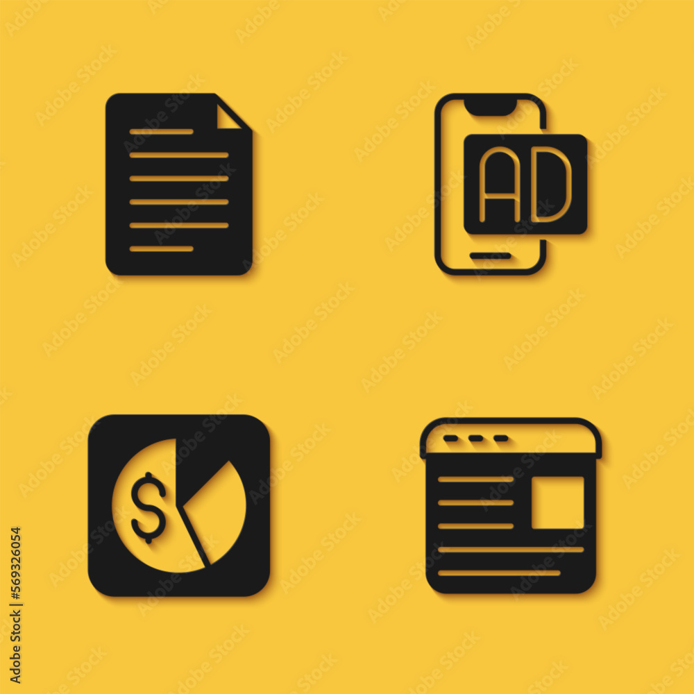 Set File document, Advertising, Market analysis and icon with long shadow. Vector
