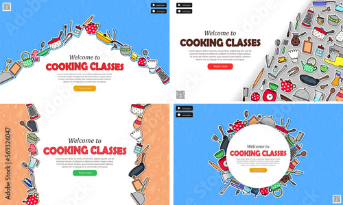 Collection of various posters with culinary courses advertising. Web banners with invitation to cooking classes. Flyers, leaflets with doodle cooking tools. Food preparation concept