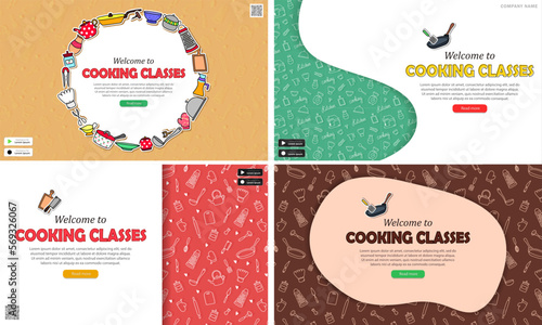 Collection of various posters with culinary courses advertising. Web banners with invitation to cooking classes. Colorful kitchen wallpapers with food preparation info for mobile app or website