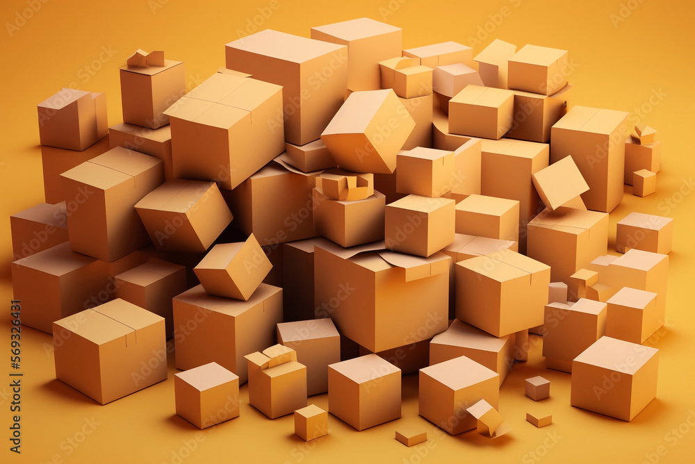 A lot of cardboard boxes. Shipping and delivery. Blank cardboard boxes on yellow background with copy space. Generative AI