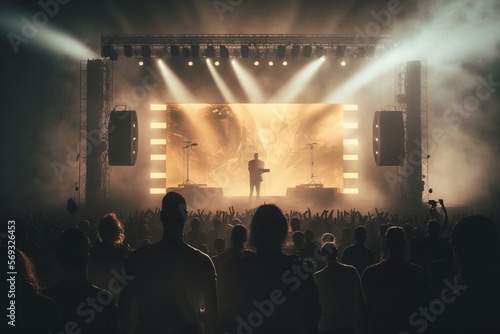 Concert venue with lit stage and fans in front of it. Generative AI