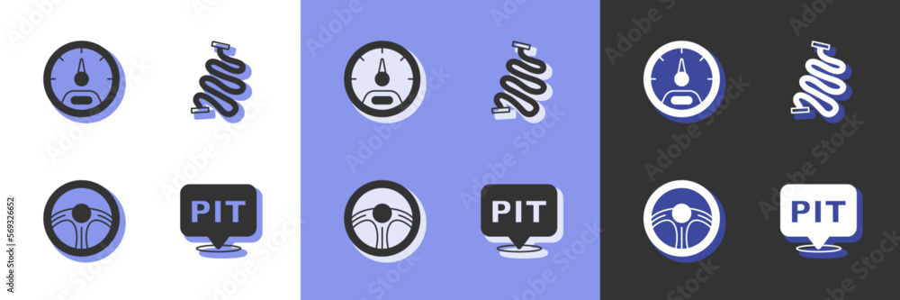 Set Pit stop, Speedometer, Racing steering wheel and track icon. Vector