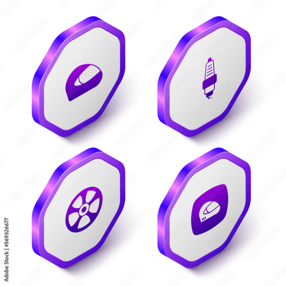 Set Isometric Racing helmet, Car spark plug, Alloy wheel for car and icon. Purple hexagon button. Vector Set Isometric Racing helmet, Car spark plug, Alloy wheel for car and icon. Purple hexagon button. Vector