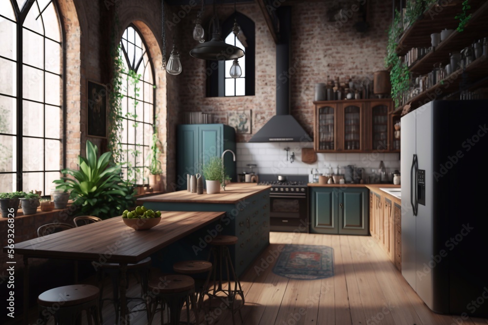 Concept of interior, a cozy kitchen interior. Generative AI