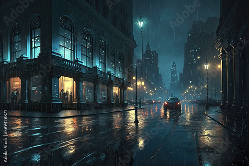 city scene in the night by rain created with Generative AI technology
