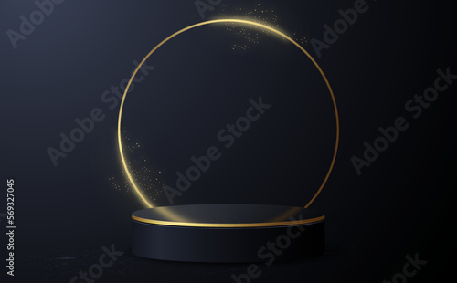 Cylinder pedestal podium. Golden elements and black background. Vector rendering 3d shape for products display presentation. Pastel minimal wall scene, Studio room. Empty room background.
