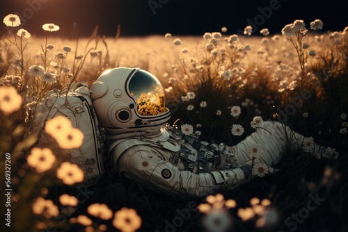 A lonely astronaut lying in a flower field with a black sky, generative ai