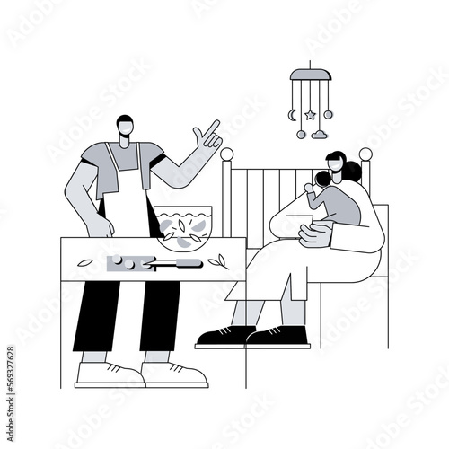 Father supports mother abstract concept vector illustration. Dad helping with housework, maternal support, breastfeeding, holding hands, fathers day, tired mom, parents hug abstract metaphor.