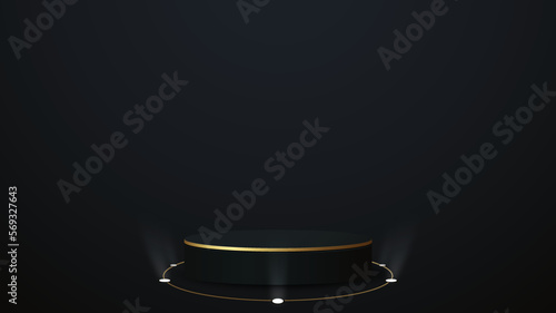 Cylinder pedestal podium. Golden elements and black background. Vector rendering 3d shape for products display presentation. Pastel minimal wall scene, Studio room. Empty room background.