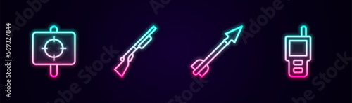 Set line Target sport, Hunting gun, Medieval arrow and Walkie talkie. Glowing neon icon. Vector