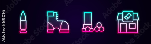 Set line Bullet, Hunter boots, Cartridges and Hunting shop. Glowing neon icon. Vector
