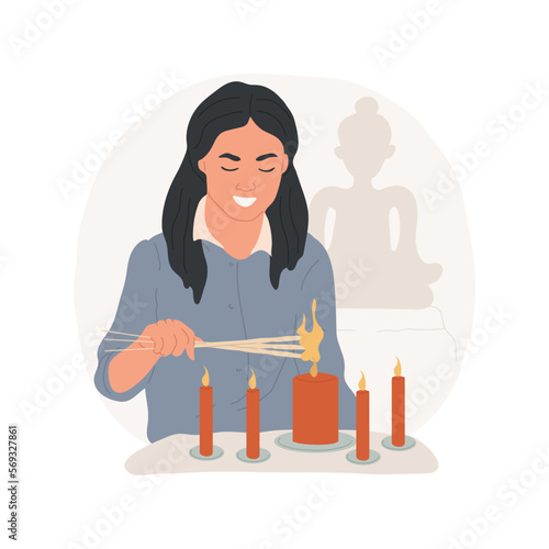 Lighting incense sticks isolated cartoon vector illustration. Buddhist woman praying and lighting sticks in temple, religious Holy days, spiritual observances and practices vector cartoon.