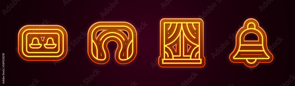 Set line Earplugs with storage box, Travel neck pillow, Window curtains and Ringing bell. Glowing neon icon. Vector Set line Earplugs with storage box, Travel neck pillow, Window curtains and Ringing bell. Glowing neon icon. Vector