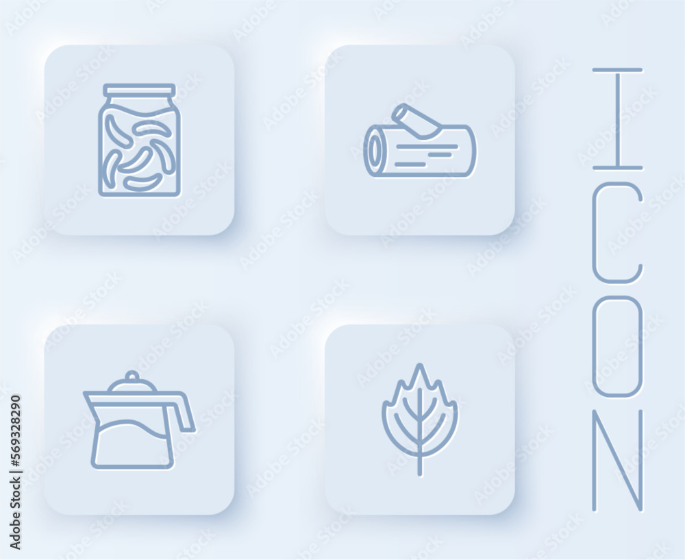 Set line Pickled cucumbers in a jar, Wooden log, Teapot and Leaf. White square button. Vector Set line Pickled cucumbers in a jar, Wooden log, Teapot and Leaf. White square button. Vector