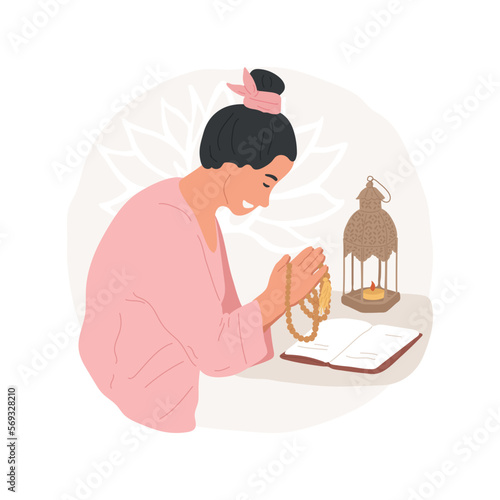 Chanting isolated cartoon vector illustration. Young woman sitting with a book and praying with wooden rosary beads, namaste, everyday Buddhism religious rituals vector cartoon.