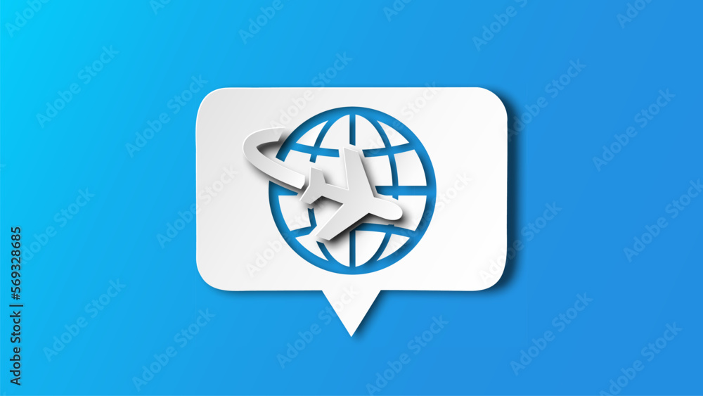 White paper cut speech bubble. Global travel line icon. International flight sign. Online trip symbol. Blue paper background. International flight line. Vector. White paper cut speech bubble. Global travel line icon. International flight sign. Online trip symbol. Blue paper background. International flight line. Vector.