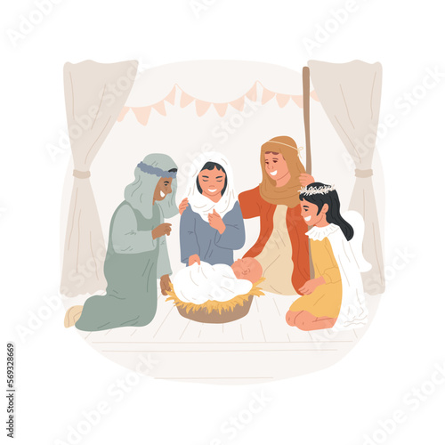 Nativity play isolated cartoon vector illustration. Group of little kids in traditional costumes taking part in nativity play, religious festivals celebration, holy days vector cartoon.
