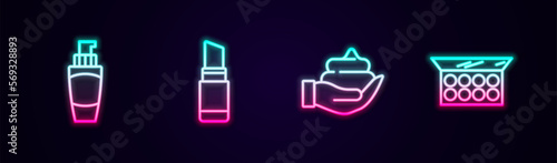 Set line Tube of hand cream, Lipstick, Shaving foam on and Makeup powder with mirror. Glowing neon icon. Vector