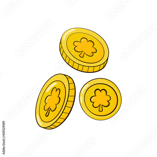 Leprechaun gold coins with shamrock symbol, traditional irish sign of good luck in cartoon style