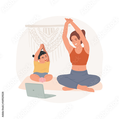 Yoga isolated cartoon vector illustration. Happy mom with little child practicing yoga online, people active lifestyle during quarantine, physical activity at home vector cartoon.