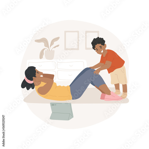 Home fitness isolated cartoon vector illustration. Young mom and kid doing crunches at home together, family active lifestyle, physical activity during pandemic, staying fit vector cartoon.