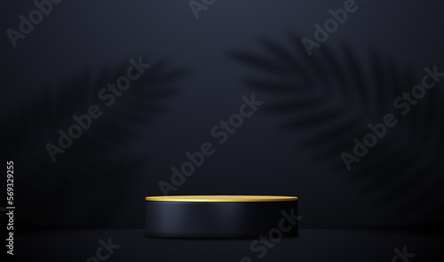 Cylinder pedestal podium. Golden elements and vlack background. Vector rendering 3d shape for products display presentation. Pastel minimal wall scene, Studio room. Empty room background.