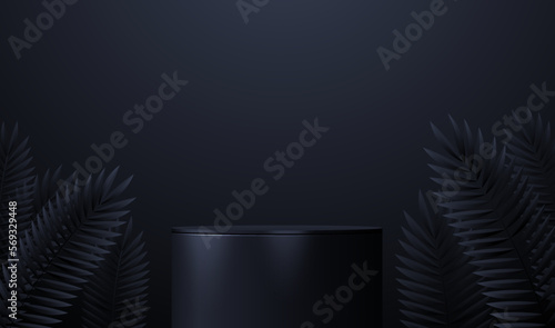 Cylinder pedestal podium. Golden elements and vlack background. Vector rendering 3d shape for products display presentation. Pastel minimal wall scene, Studio room. Empty room background.