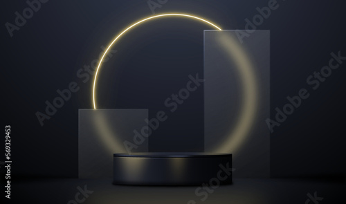 Cylinder pedestal podium. Glowing neon elements and black background. Vector rendering 3d shape for products display presentation. Pastel minimal wall scene, Studio room. Empty room background.
