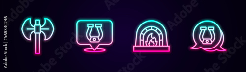 Set line Medieval poleaxe, Horseshoe, Blacksmith oven and . Glowing neon icon. Vector