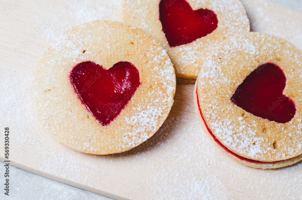 Obraz premium Heart Shaped Jam Filled Cookies, Linzer Cookies, Romantic Love Concept