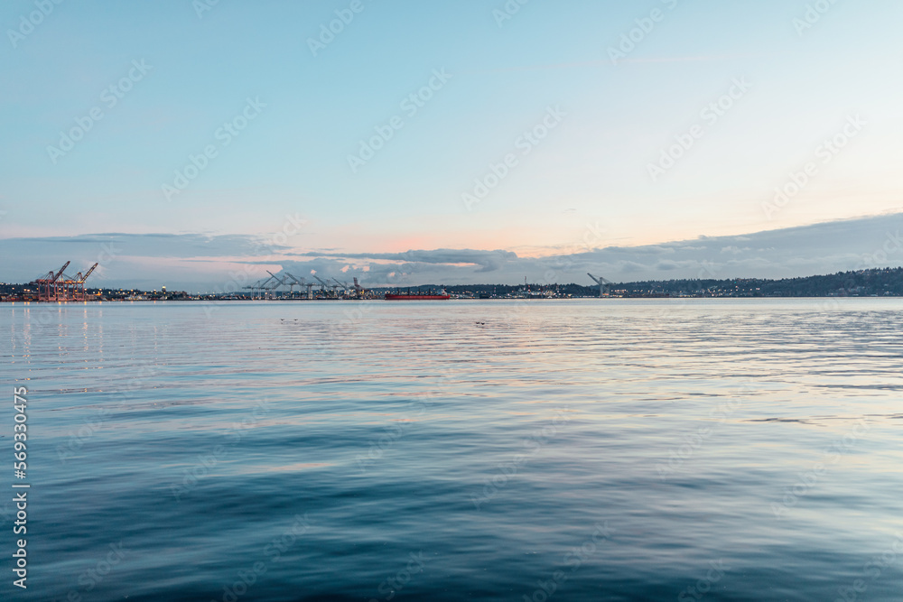 landscape, seascape view of Seattle waterfront, cranes, harbor island