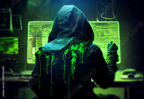 Computer crime. Hacker with computers in sci-fi dark room. Cyberpunk style. Not an actual real person. Digitally generated image