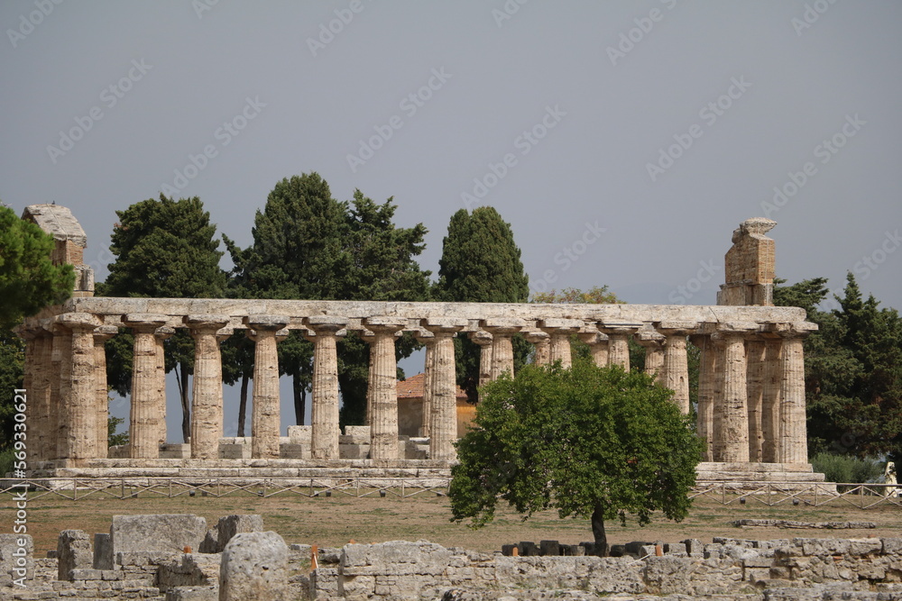 View to Temple of Athena in Paestum, Campania Italy