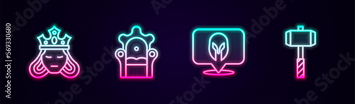 Set line Princess or queen, Medieval throne, helmet and Battle hammer. Glowing neon icon. Vector