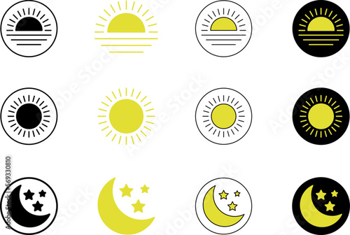 Sun and moon morning day or night time, daytime, nighttime, sunrise, vector icon illustration