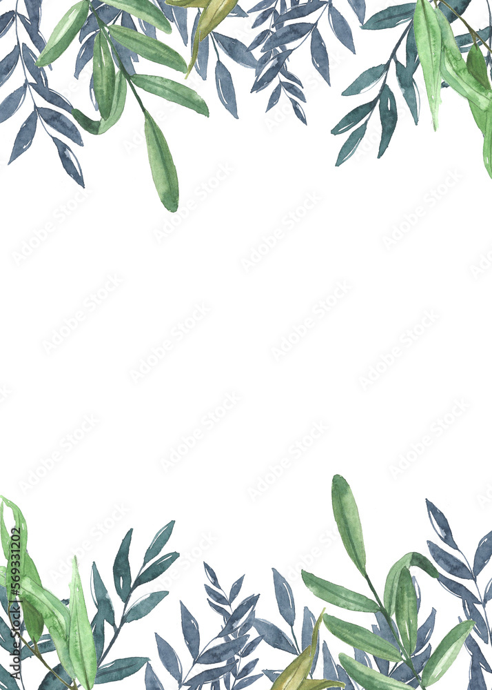 watercolor illustration with olive, abstract green and blue branch  on a white background. wedding invitation.
