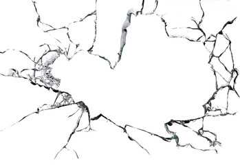 Cracked broken glass on a white background. Damaged window texture